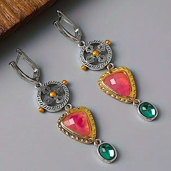 Tribal Pink, Green Stone Dangle Earrings Vintage Bohemian Boho - Picture 4 of 6